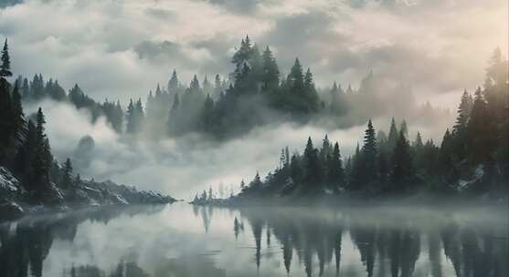 清晨湖边雾气
