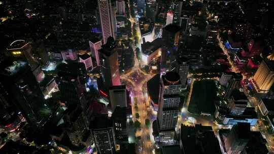 航拍南京新街口高楼建筑夜景灯光车流街道视频素材模板下载