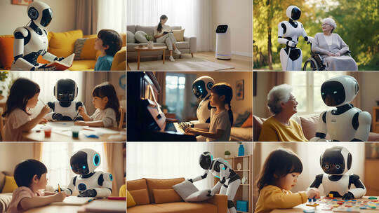 AI居家人形机器人陪伴人类生活高清在线视频素材下载