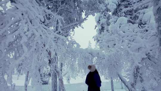 芬兰拉普兰白雪皑皑的冬季仙境中，女孩在白