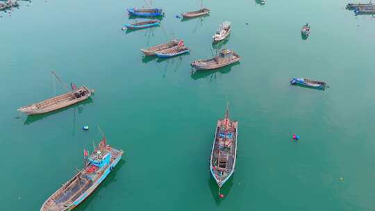 航拍海洋港湾渔船成排城市渔业码头船舶休渔