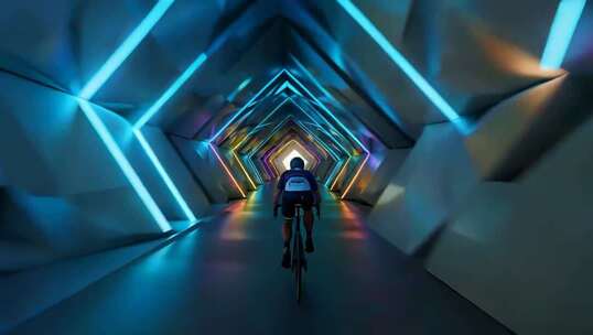 骑行者穿梭灯光隧道