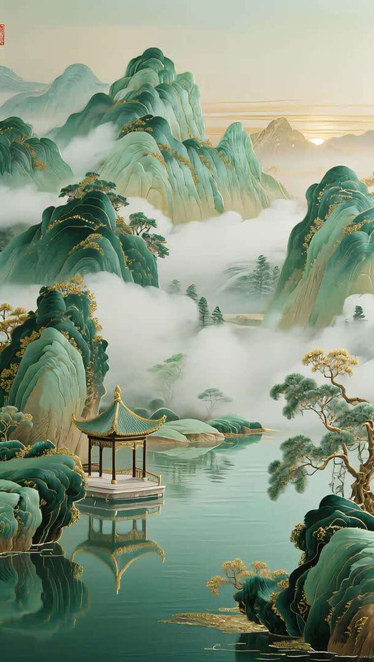 中式山水风景含亭台楼阁