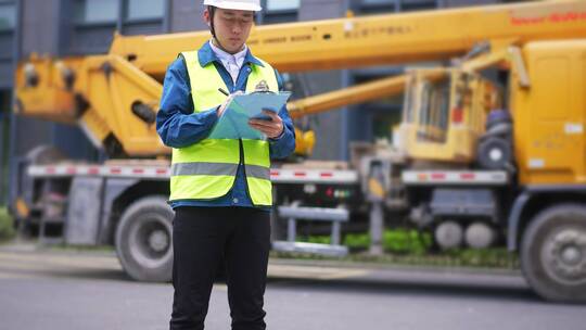 年轻男工程项目经理在施工现场核查监理