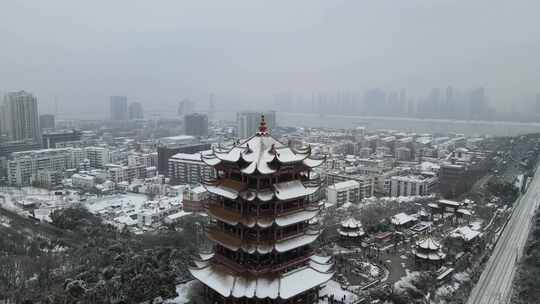 武汉武昌区黄鹤楼雪景航拍