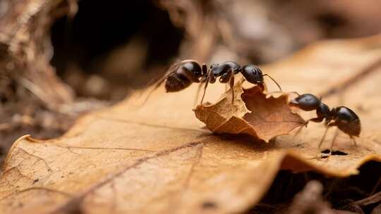 蚂蚁搬运枯叶特写