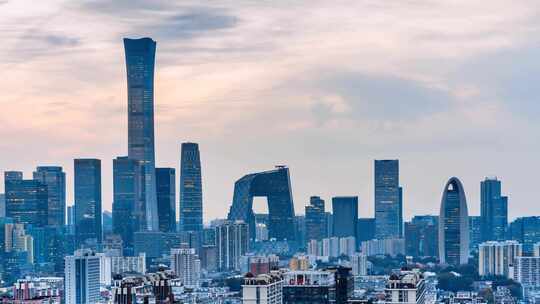 中国北京国贸CBD建筑群高视角日转夜延时
