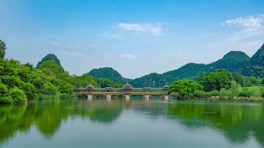 广西山水风景自然风光 风雨桥湖水湖面倒影