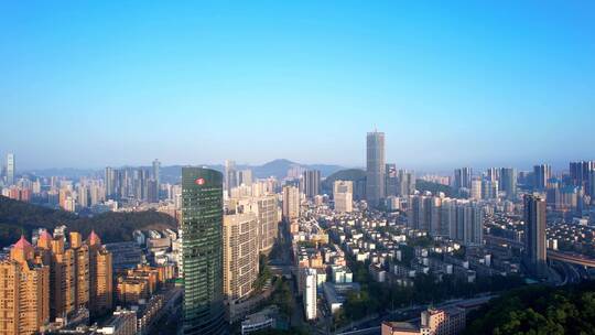 清晨阳光照耀城市交通深圳高楼建筑视频素材模板下载