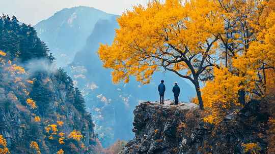 秋日山巅层林尽染 自然奇观山峦叠嶂云雾缭