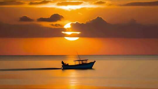 日出日落海面孤舟