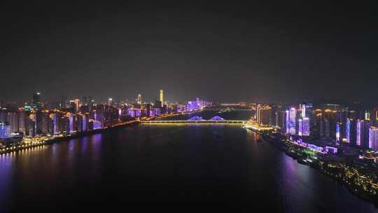 长沙湘江夜景航拍福元路大桥夜景建筑风光