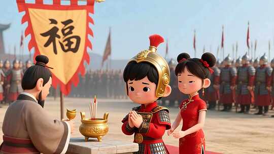 古风3D动画士兵祈福场景
