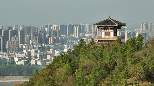 航拍鄂州地标西山武昌楼城市同框4K50P视频素材模板下载