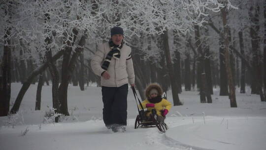 父亲用雪橇拉着小孩滑雪