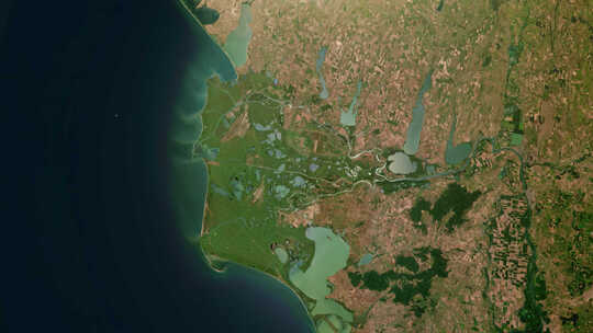 卫星视角河流入海三角洲平原