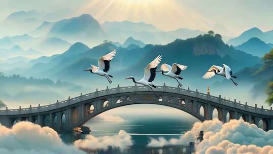 中式山水间飞鹤过拱桥画面