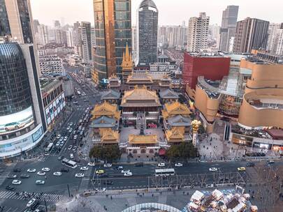 上海静安寺航拍地标延时