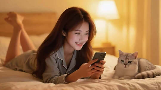 居家少女趴床上玩手机