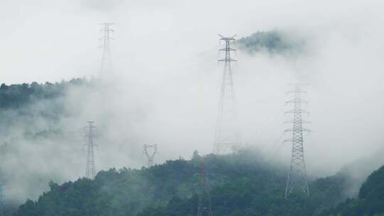 云雾森林高压电网建设电塔视频素材模板下载