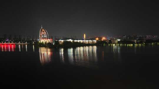 湖北鄂州洋澜湖夜景航拍