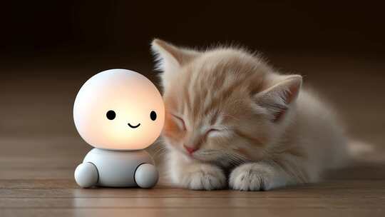 小猫咪与发光小机器人依偎熟睡