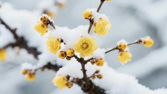 雪中绽放的黄色梅花