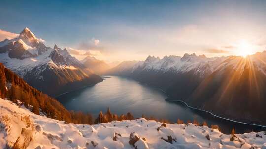 雪山湖泊日出全景