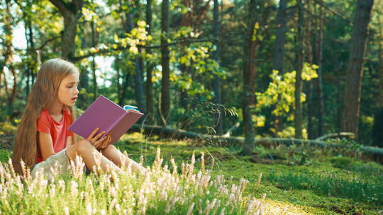 坐在森林里读书的小女孩