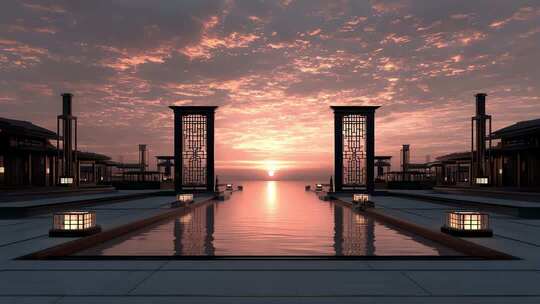 东方建筑群落映衬下的壮丽日落