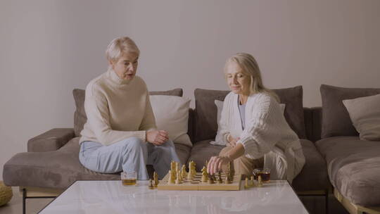 坐在沙发上下棋的老年人