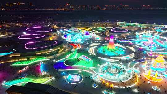 中国黑龙江哈尔滨冰雪大世界夜景航拍