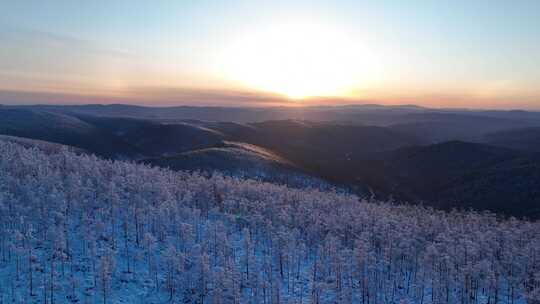 航拍大兴安岭冬季雪色山林晨曦