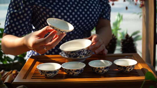 午后阳光美女茶艺师展示功夫茶冲泡红茶文化视频素材模板下载