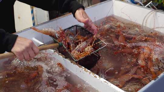在水产海鲜市场捞海鲜、虾