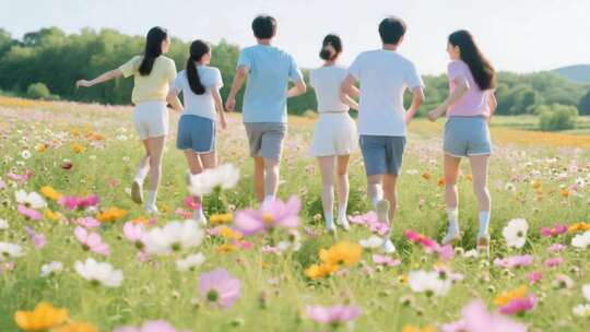 年轻人在花海中奔跑