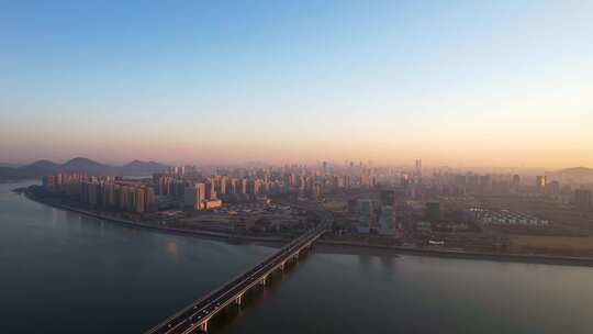 杭州滨江区城市日出风景航拍