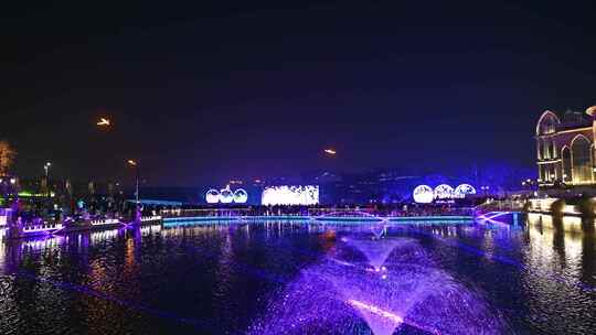 北京朝阳城市节日夜晚湖面灯光秀视频素材模板下载
