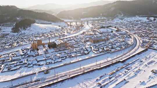 中国黑龙江冬季横道河子小镇雪乡航拍