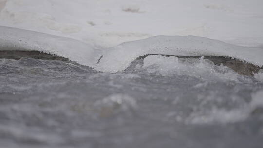 湍急流水冲刷冰雪河岸升格变焦4k100帧灰片视频素材模板下载