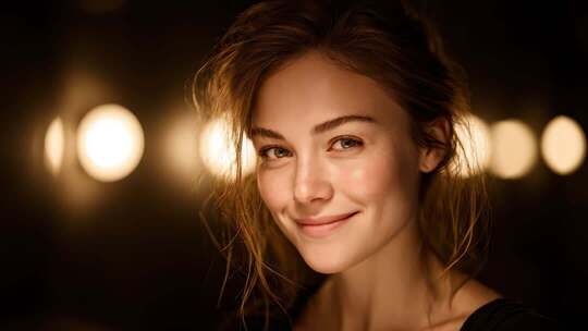 迷人女性在柔和光线下展现自信笑容