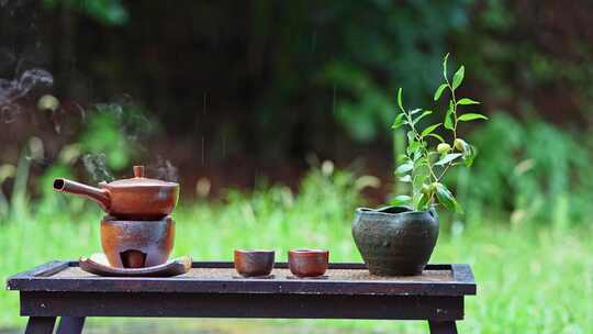 雨天煮茶中国风意境视频素材模板下载