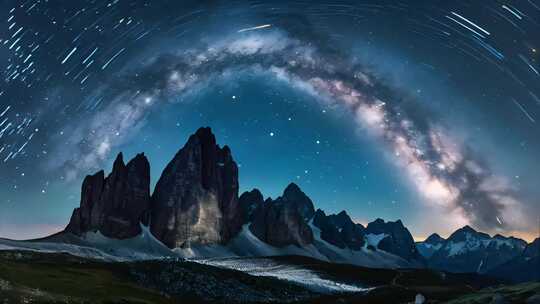 星空延时壮丽星空下的山脉流星划过夜空