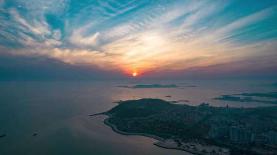 海上日落晚霞夕阳长岛航拍延时