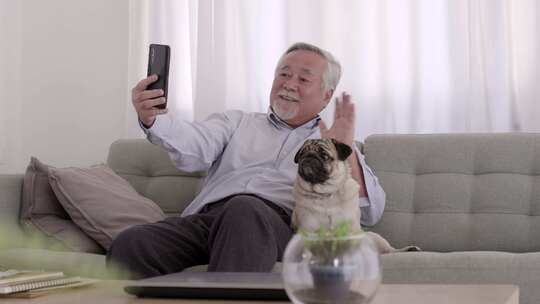 老人与小狗一起视频通话中