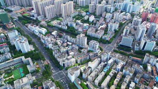 海南海口蓝天白云下的城市城市肌理风光航拍