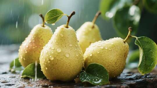 带水珠梨子微距特写素材
