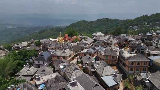 云南普洱景迈山景迈村勐本金塔佛寺航拍风光