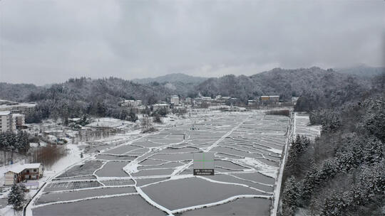 航拍冬日重庆市冷水镇鱼塘雪景4k