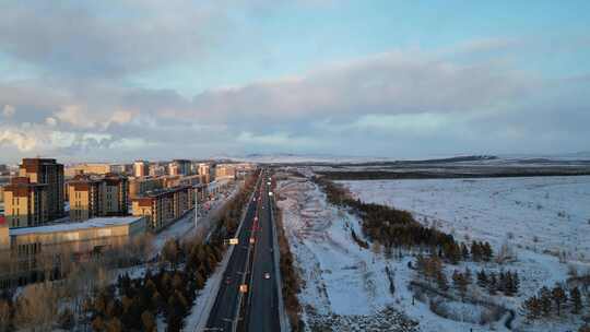 冬季城市道路与雪景航拍